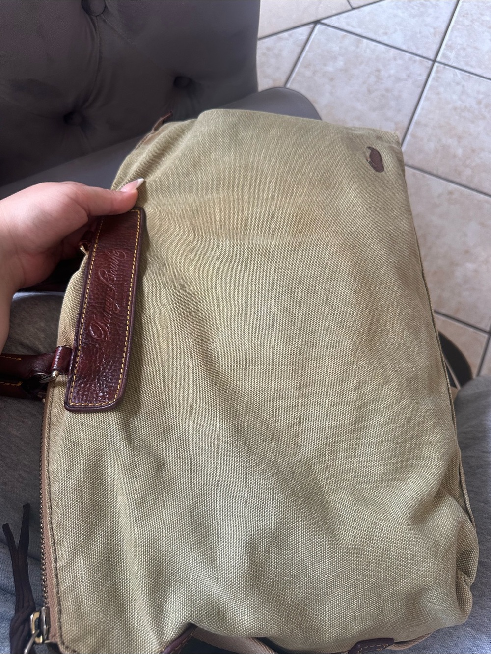 Dooney & Bourke Olive Canvas Duffel with Brown Leather Trim - Picture 10 of 15